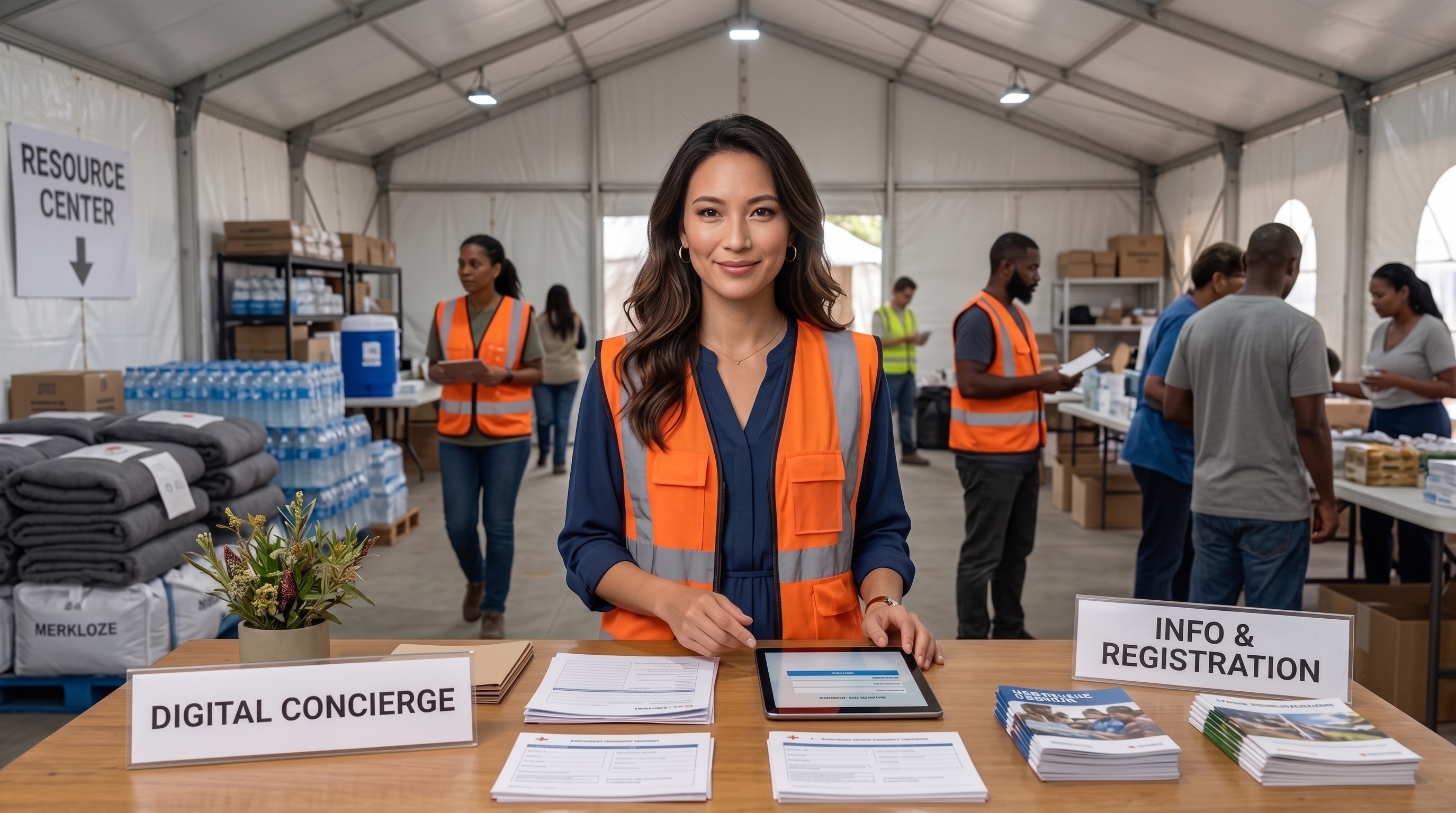 Mya at an information and registration desk in a relief centre